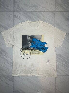 Travis Scott Off-White Tee with Blue Graphic and Yellow Block